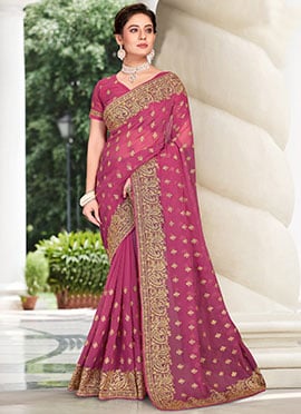 Dusty Gajri Pink Georgette Zari Embroidery Work Saree