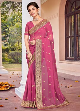Dusty Gajri Pink Georgette Zari Embroidery Work Saree