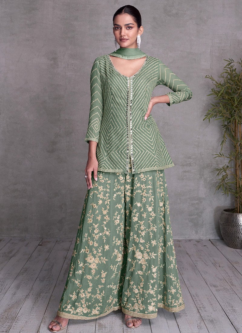 Dusty Green Chinon Embroidered Sequins Stunning Palazzo Suit