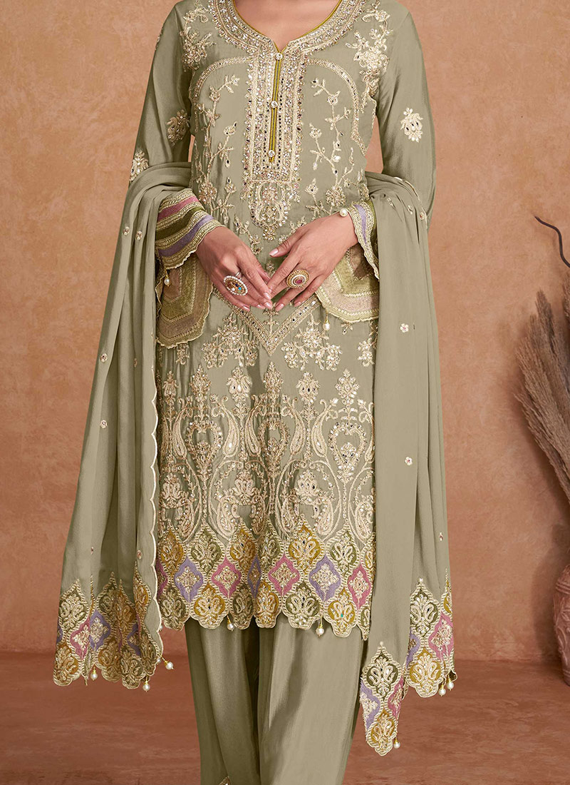 Traditional Party Wear Heavy Salwar Suit Rama Chinon Pant Straight