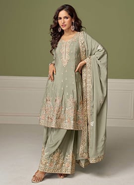 Dusty Green Chinon Silk Sequins Embroidered And Zari Palazzo Suit Festive Wear