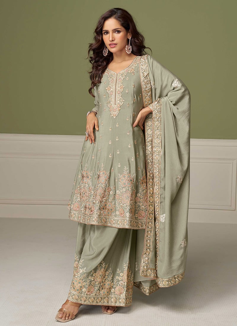 Dusty Green Chinon Silk Sequins Embroidered And Zari Palazzo Suit Festive Wear