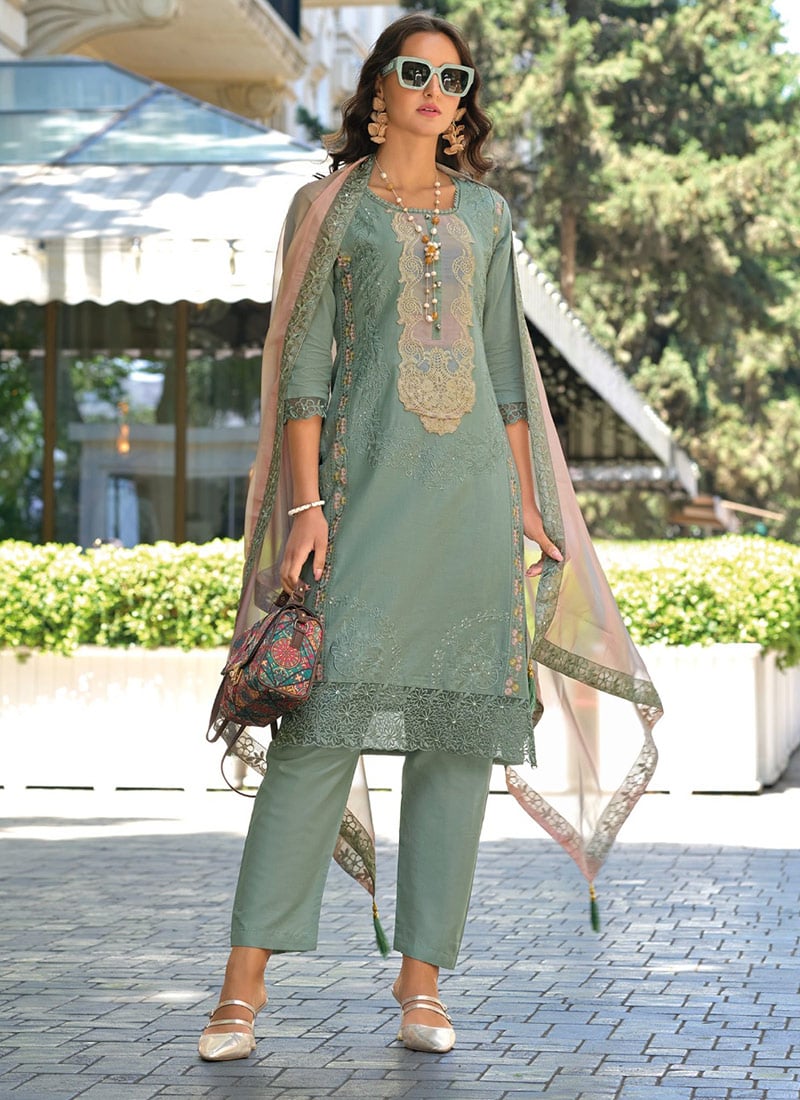 Dusty Green Cotton Embroidered Patch Work Straight Pant Suit For Dressy Party Wear