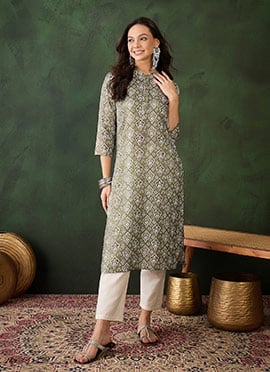 Dusty Green Cotton Printed Knee Length Kurti