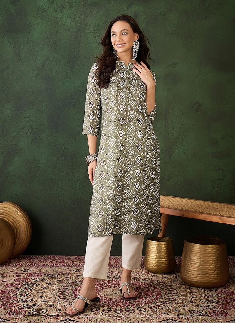Dusty Green Cotton Printed Knee Length Kurti