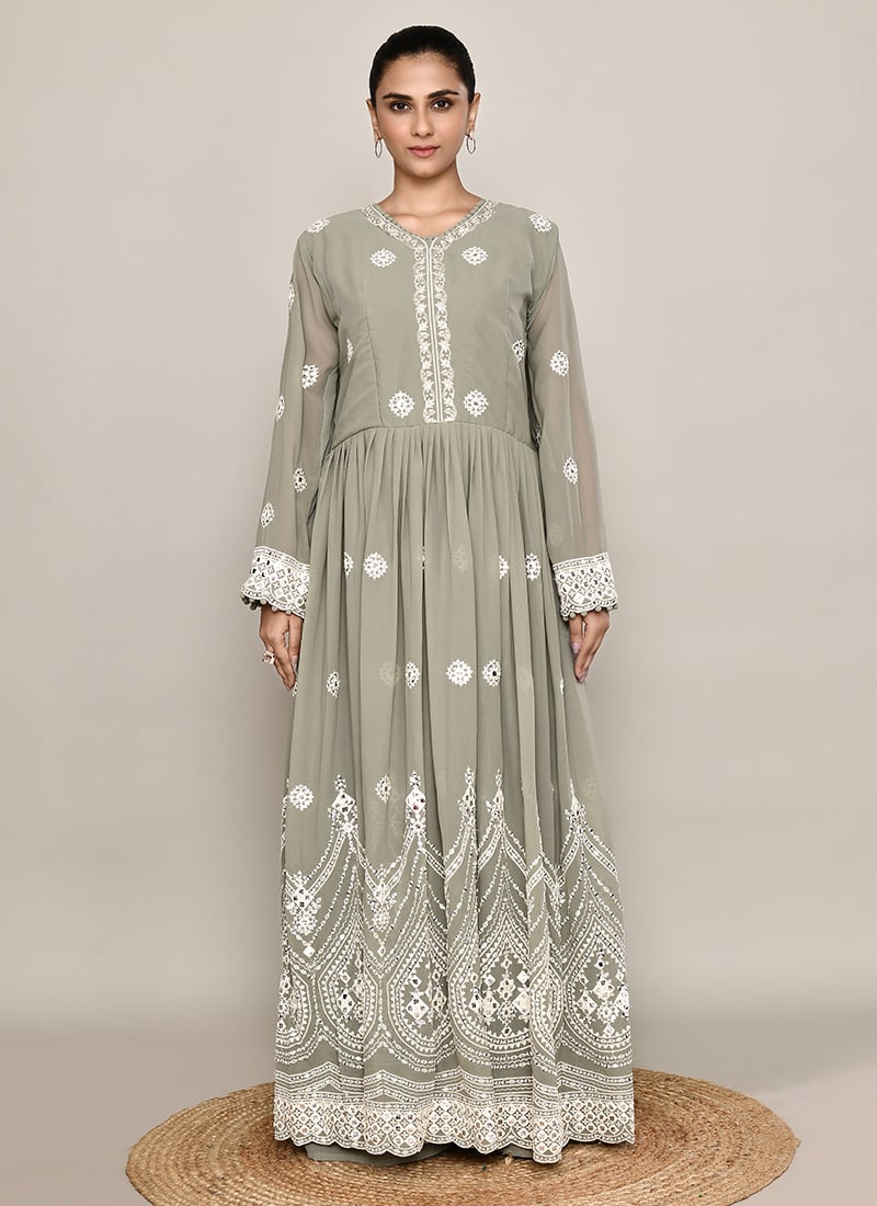 Dusty Green Georgette Embroidered Sequins Anarkali Suit Festive Wear