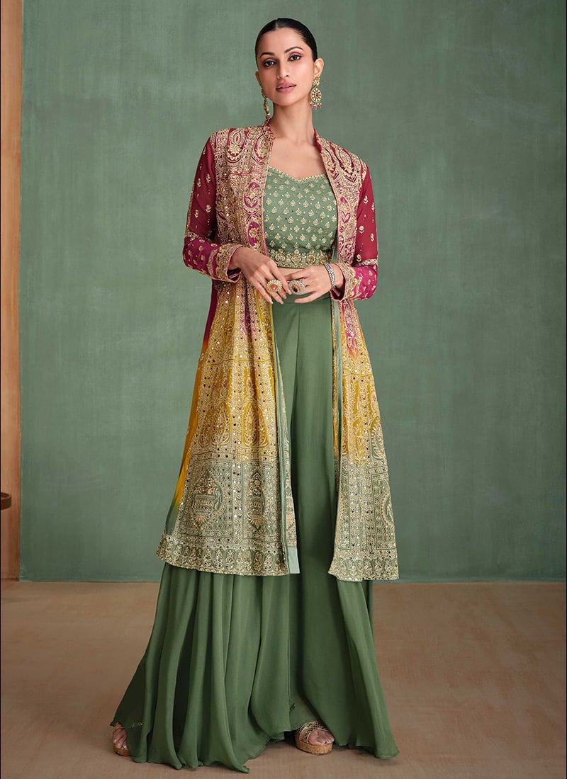 Dusty Green Georgette Embroidered Stone Sequins Indowestern Jacket Palazzo Set Wedding Wear