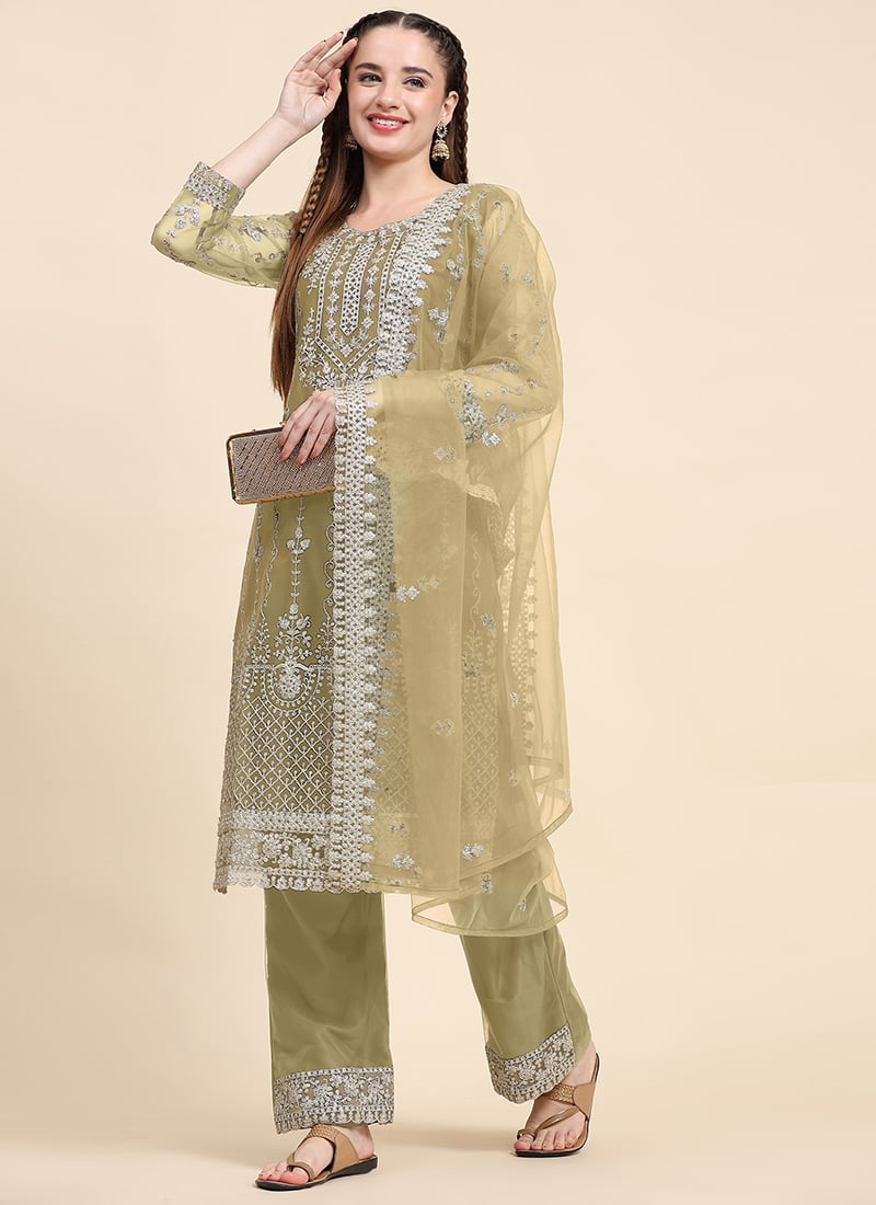 Dusty Green Net Embroidered Straight Pant Suit Party Wear