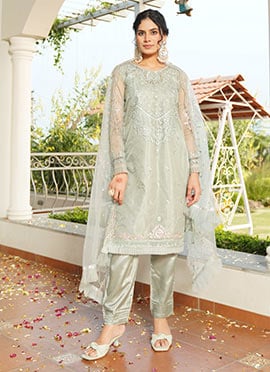 Dusty Green Organza Embroidered Sequins With Beads Work Straight Pant Suit