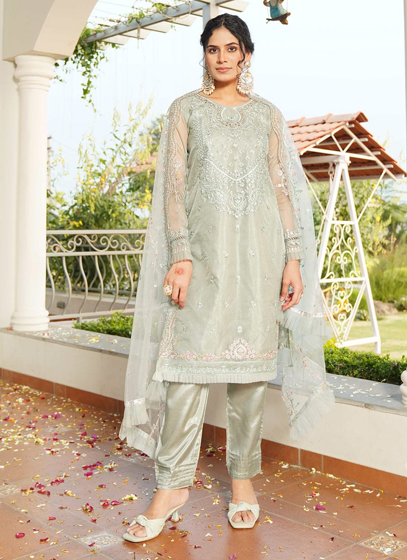 Dusty Green Organza Embroidered Sequins With Beads Work Straight Pant Suit Festive Wear