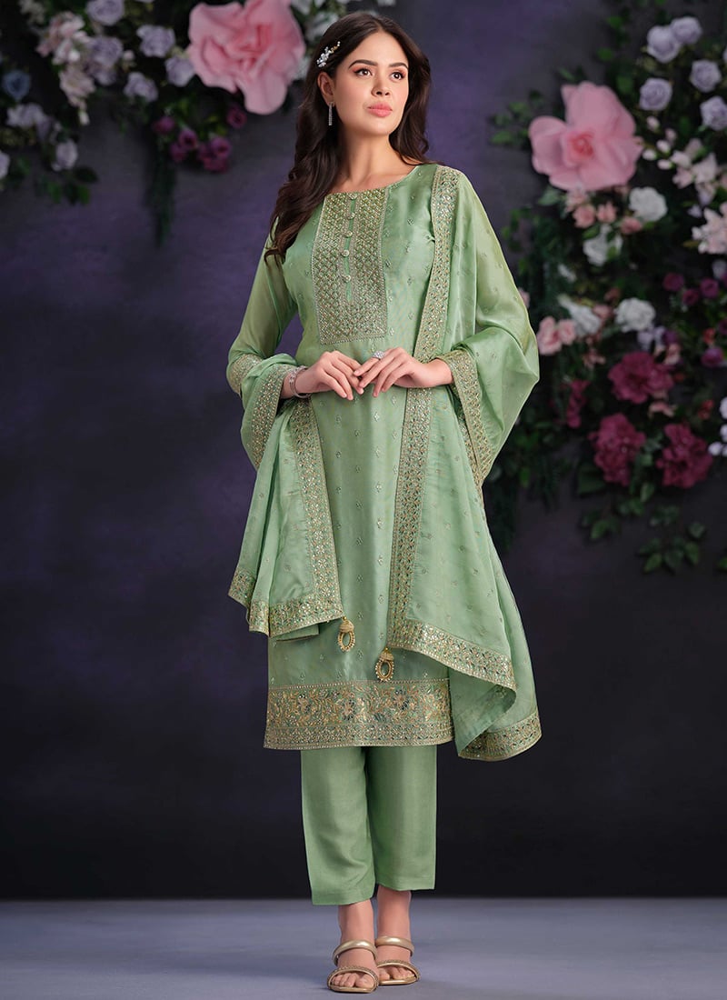 Dusty Green Organza Straight Pant Suit With Embroidered And Sequins Festive Wear