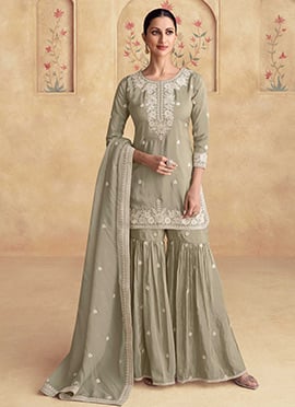 Dusty Green Shimmer Silk Embroidered Sequins Sharara Suit A Elegant Wear