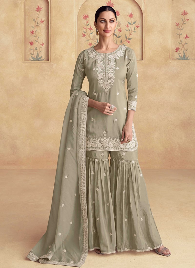Dusty Green Shimmer Silk Embroidered Sequins Sharara Suit A Elegant Wear Festive Wear