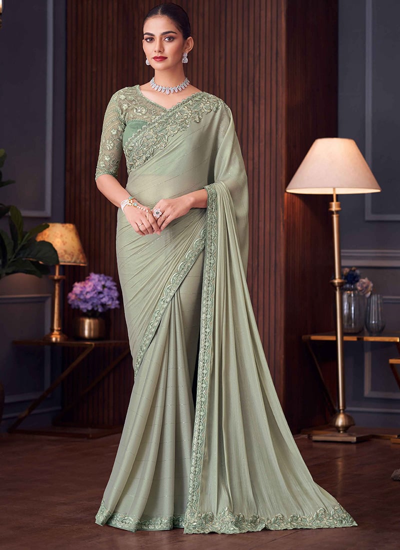 Dusty Green Silk Embroidered Sequins Gorgeous Saree