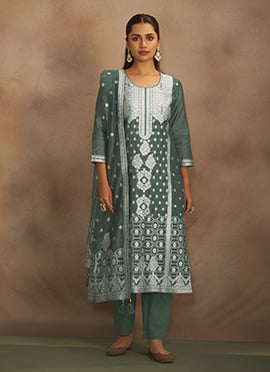 Dusty Green Silk Jacquard Straight Pant Suit