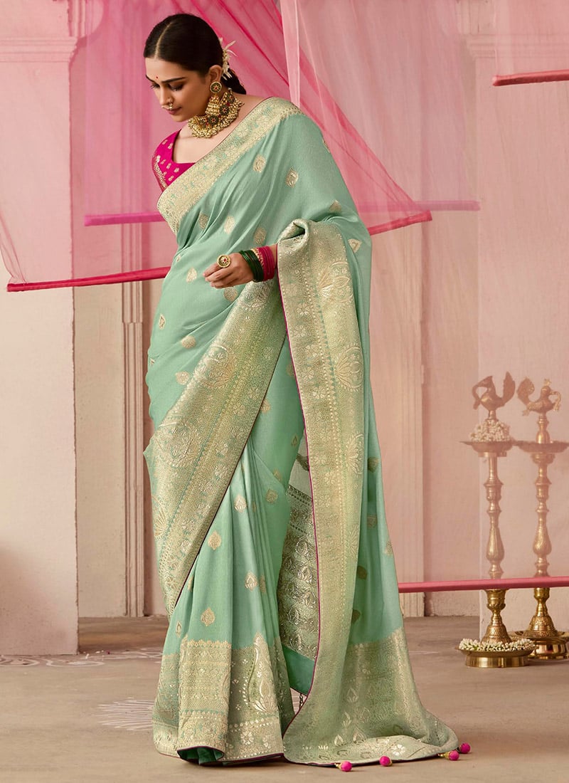 Dusty Green Silk Jacquard Woven Saree Festive Wear
