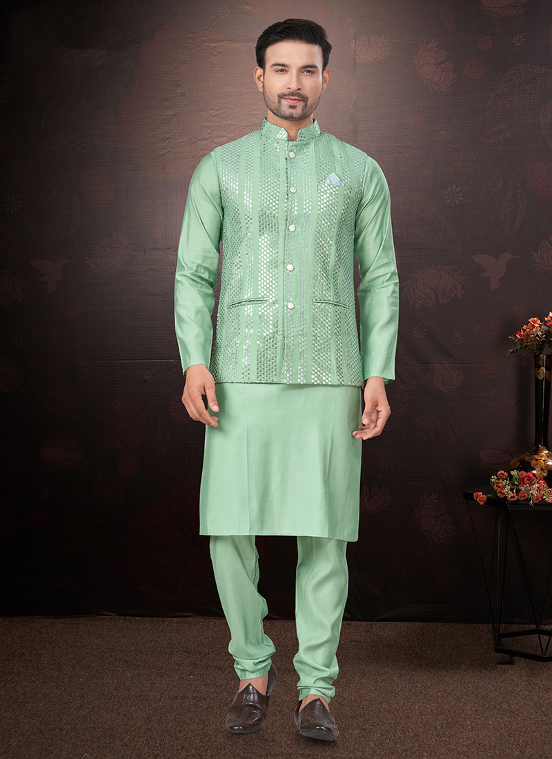 Dusty Green Silk Sequins Embroidered Bandi Set