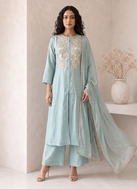 Dusty Ice Blue Silk Embroidered A Line Anarkali Palazzo Suit
