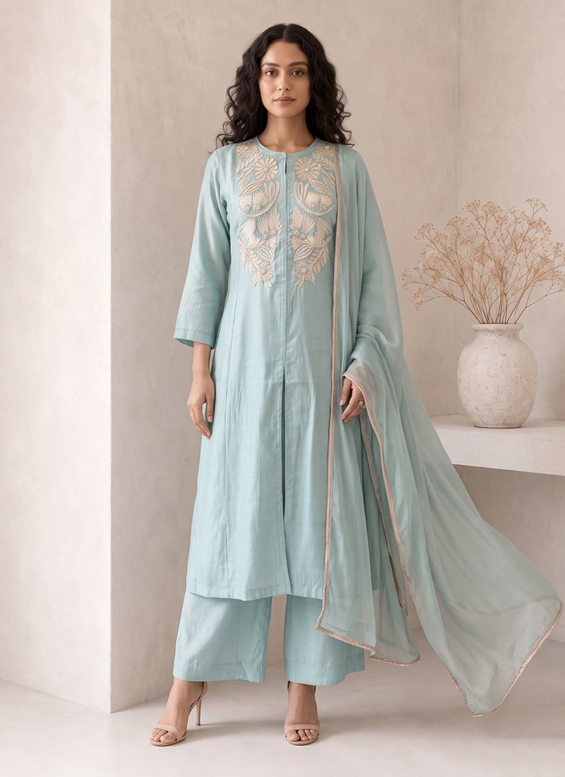 Dusty Ice Blue Silk Embroidered A Line Anarkali Palazzo Suit Festive Wear