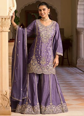 Dusty Lavender Chinon Embroidered Sequins With Stone Work Palazzo Suit