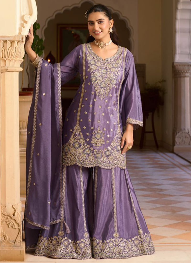 Dusty Lavender Chinon Embroidered Sequins With Stone Work Palazzo Suit Festive Wear