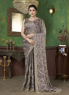 Dusty Lavender Organza Hand Embroidered Sequins Beads Work Saree