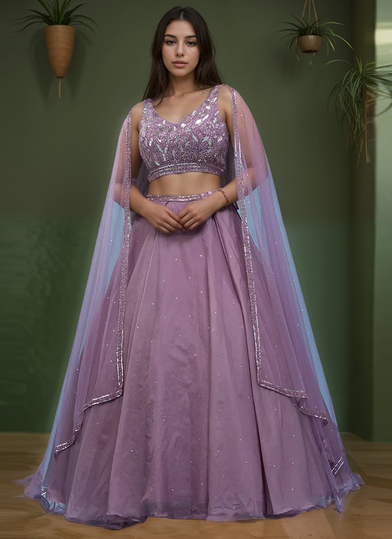 Dusty Lavender Organza Sequins Cut Dana Hand Embroidered Lehenga Wedding Wear