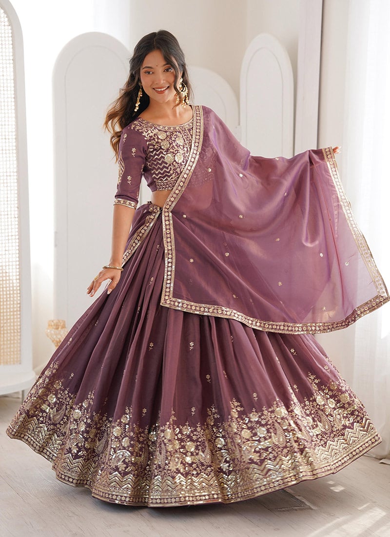 Dusty Lavender Shimmer Silk Embroidered Sequins Lehenga Wedding Wear