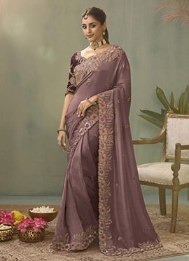 Dusty Lavender Upada Silk Zari Sequins Embroidered Saree