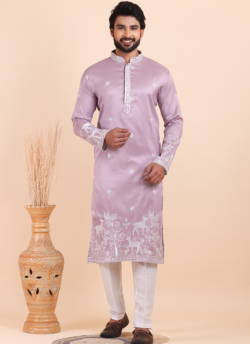 Dusty Lavender Viscose Silk Embroidered Kurta Pyjama For Men Festive Wear