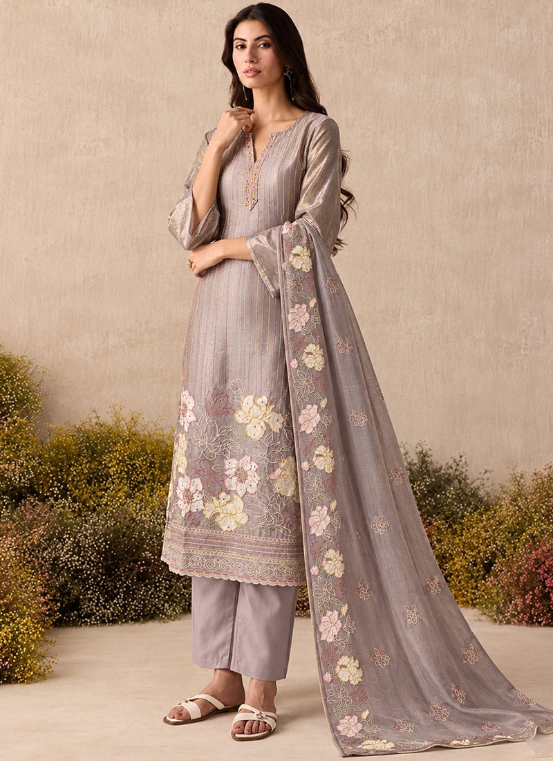 Dusty Lavender Zari Embroidered Shimmer Silk Straight Pant Suit Festive Wear