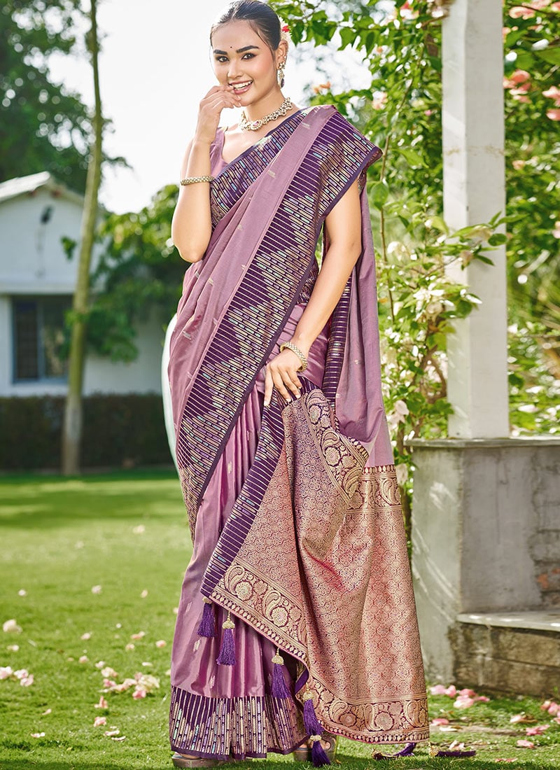 Dusty Mauve Banarasi Satin Silk Elegant Zari Woven Saree Festive Wear