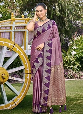 Dusty Mauve Banarasi Satin Silk Elegant Zari Woven Saree