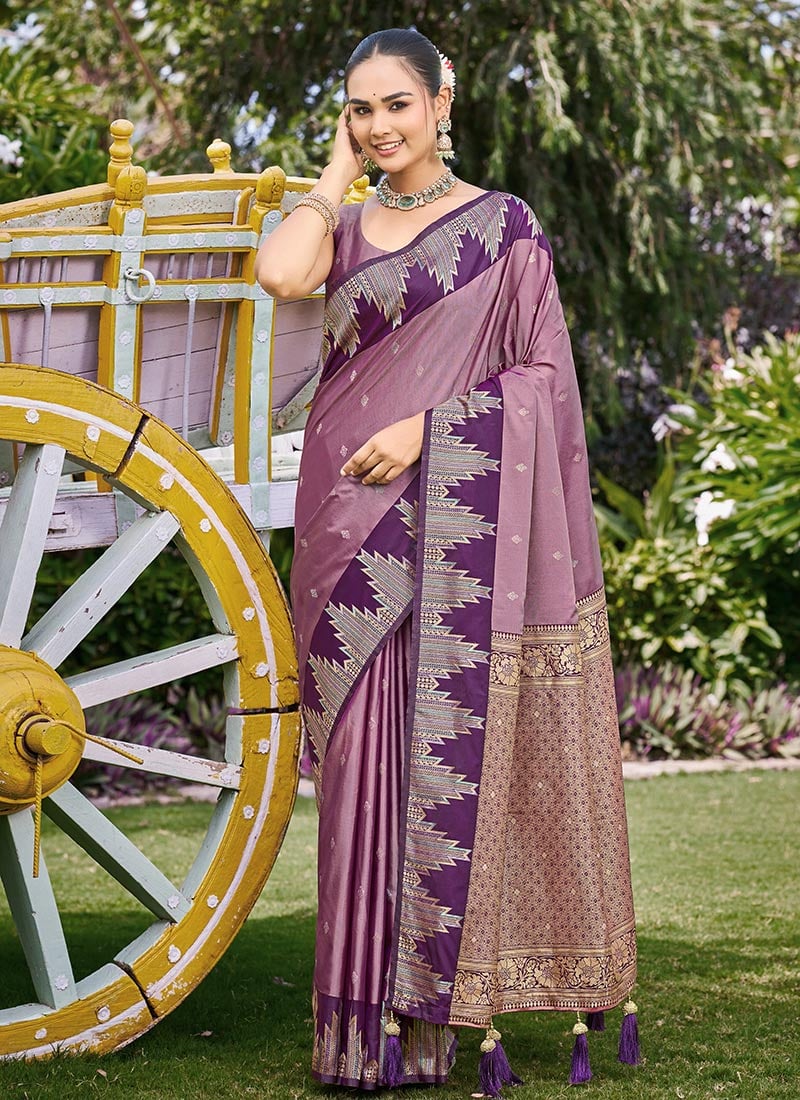 Dusty Mauve Banarasi Satin Silk Elegant Zari Woven Saree Festive Wear