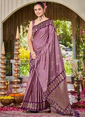 Dusty Mauve Banarasi Satin Silk Elegant Zari Woven Saree