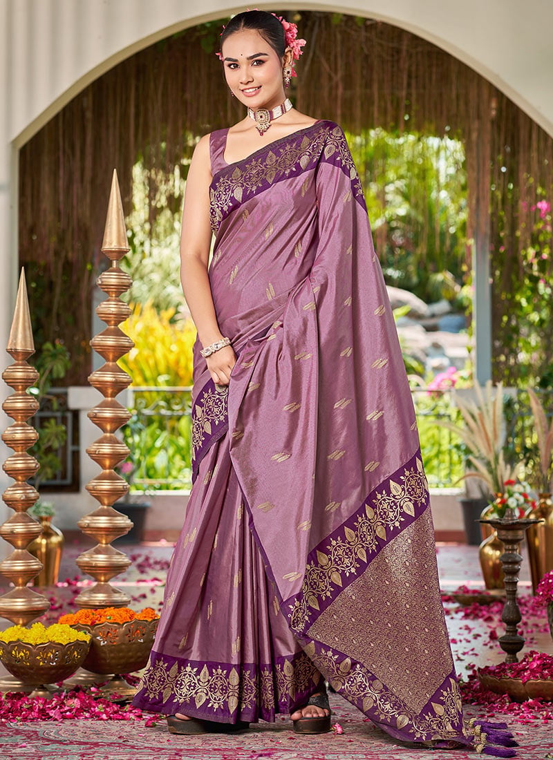 Dusty Mauve Banarasi Satin Silk Elegant Zari Woven Saree Festive Wear