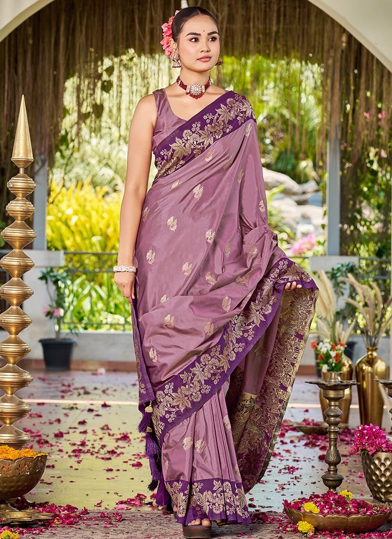 Dusty Mauve Banarasi Satin Silk Elegant Zari Woven Saree Festive Wear