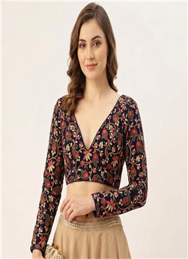 Navy Blue Floral Net Stretchable Blouse