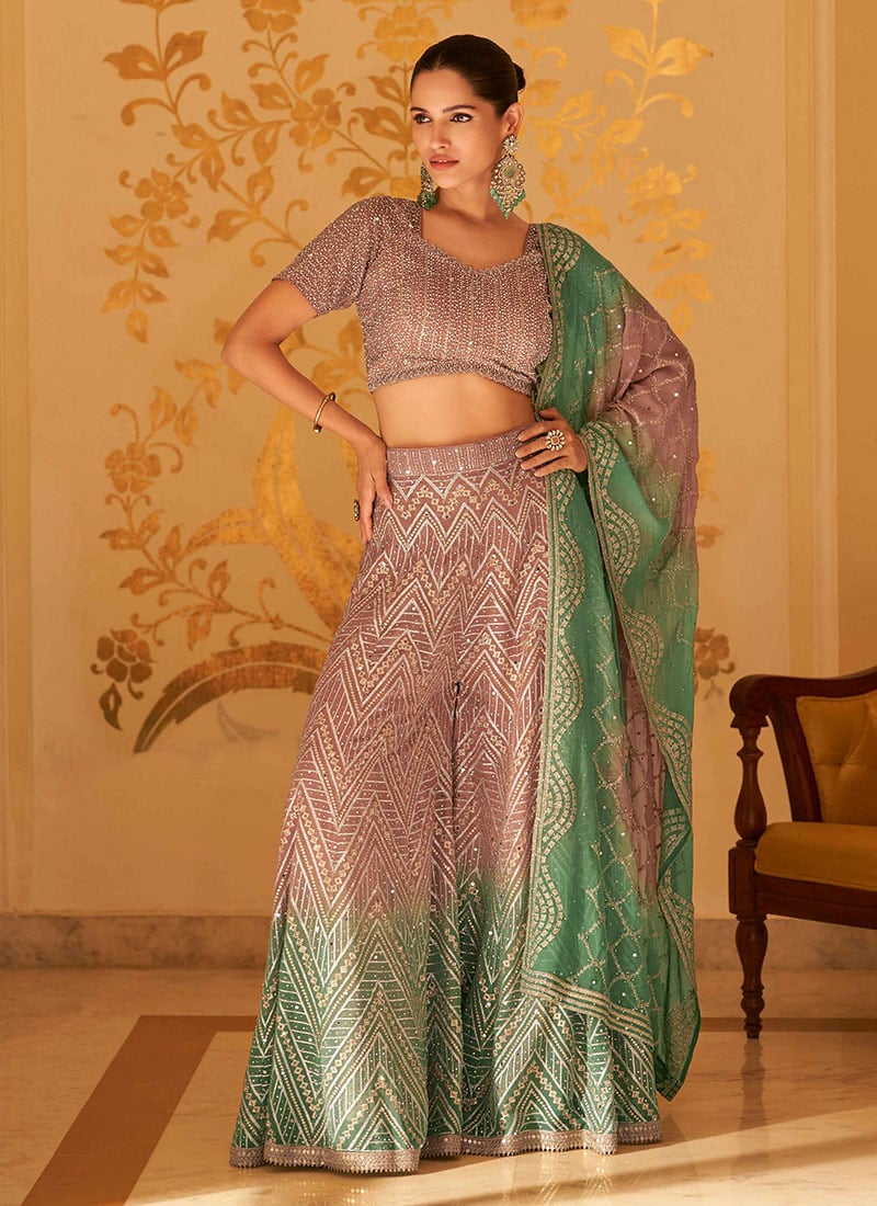 Dusty Mauve Georgette Zari Sequins Embroidered Indowestern Palazzo Set