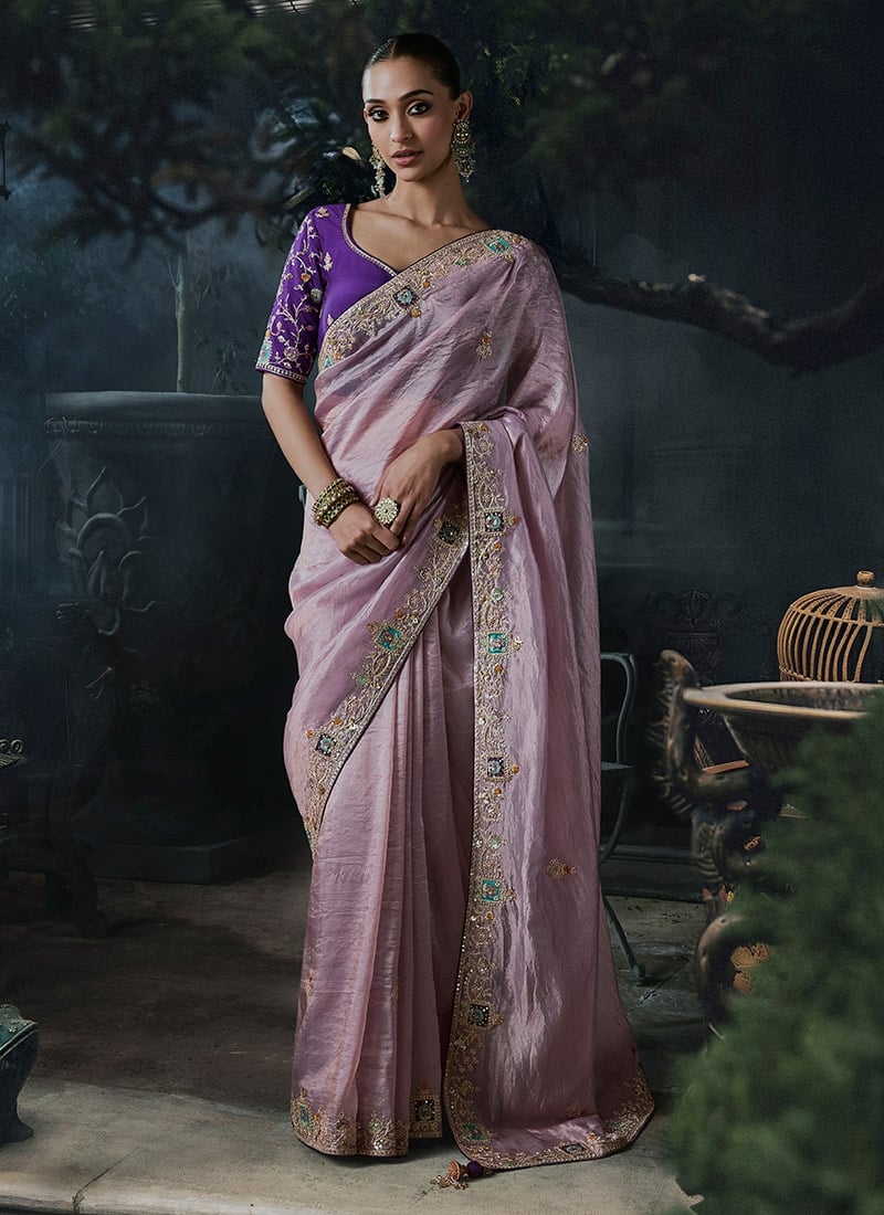 Dusty Mauve Tissue Silk Zari Embroidery Sequins Saree Wedding Wear