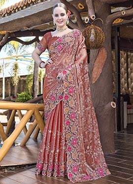 Dusty Peach Organza Floral Embroidered Sequins Stone Embossed Saree