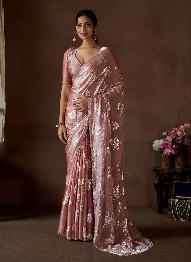 Dusty Peach Satin Silk Foil Print Stone Work Saree Festive Wear