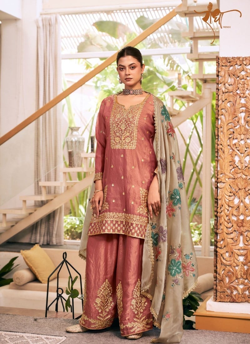 Dusty Peach Zari Sequins Embroidered Silk Palazzo Suit Festive Wear