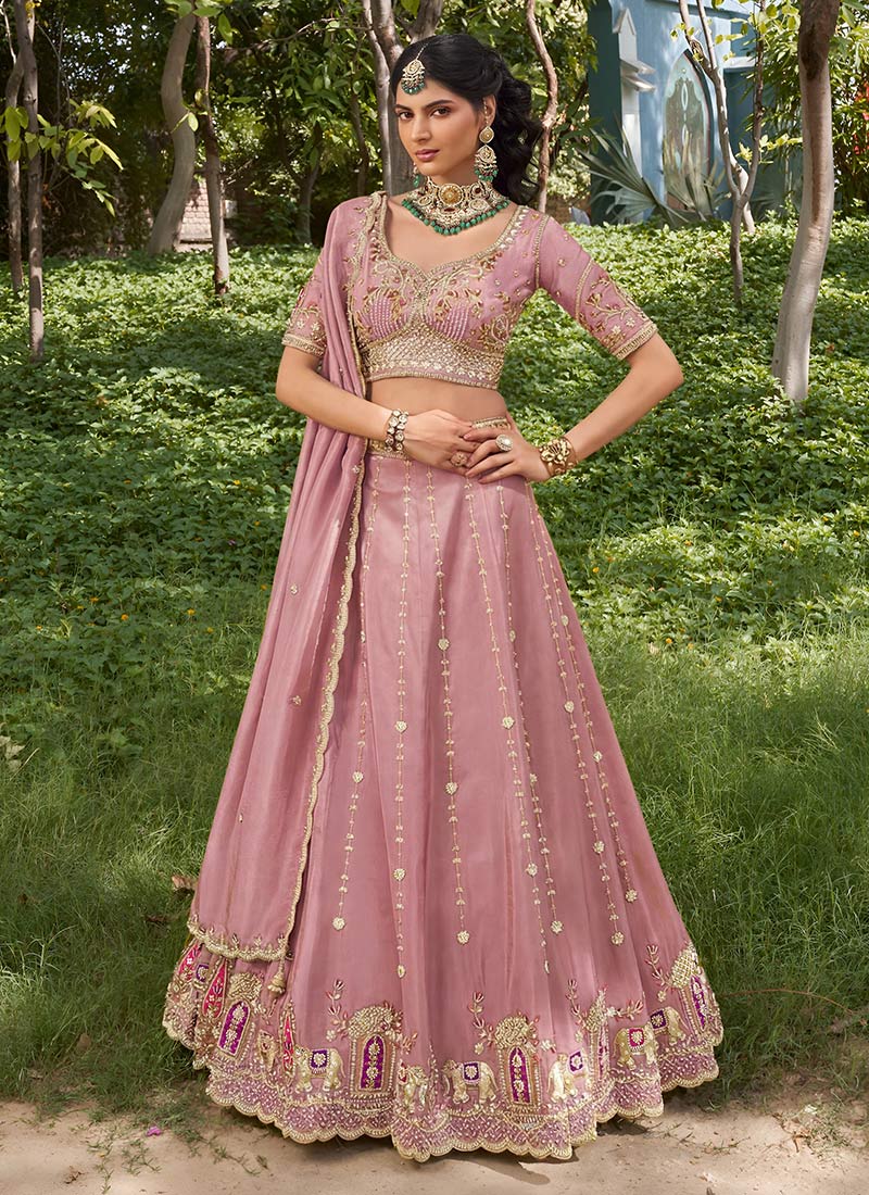 Dusty Pink Tissue Zari Embroidered Sequins Stones Beads Work Lehenga Wedding Wear