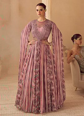 Dusty Pink Chinon Embroidered Sequins Embellished Printed Cape Sleeve Designer Gown