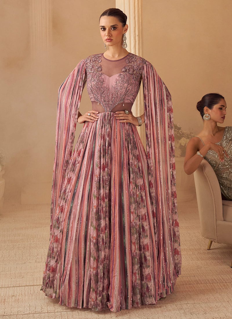 Dusty Pink Chinon Embroidered Sequins Embellished Printed Cape Sleeve Designer Gown Wedding Wear
