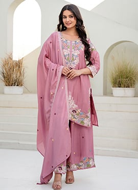 Dusty Pink Chinon Zardosi Hand Embroidered Palazzo Suit