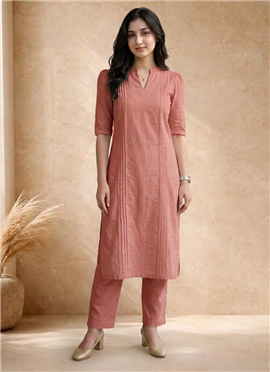 Dusty Pink Cotton Straight Kurta Pant Set with Pin