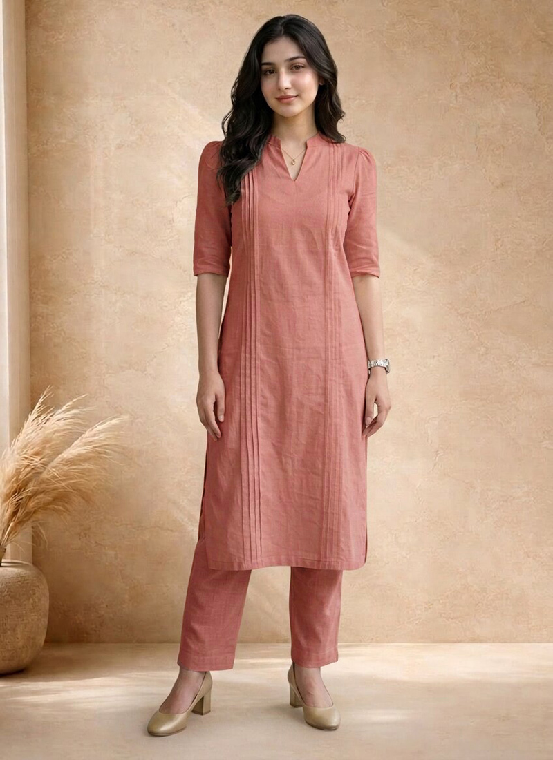 Dusty Pink Cotton Straight Kurta Pant Set with Pin After Six Wear