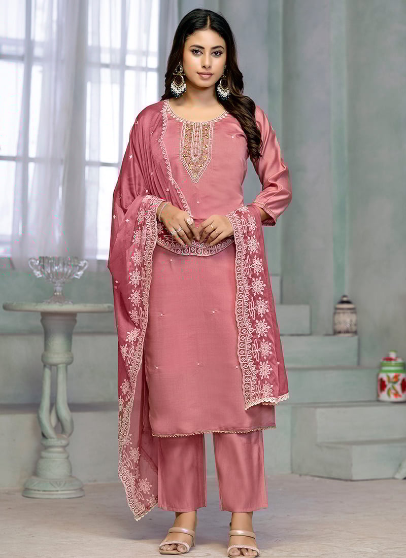 Dusty Pink Embroidered Roman Cotton Straight Pant Suit With Dupatta Festive Wear